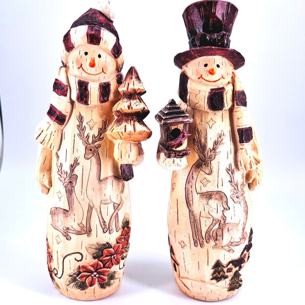 Carved Wood Look Resin Mr & Mrs Snowman Figurines Rustic Woodland Deer Vtg 90s